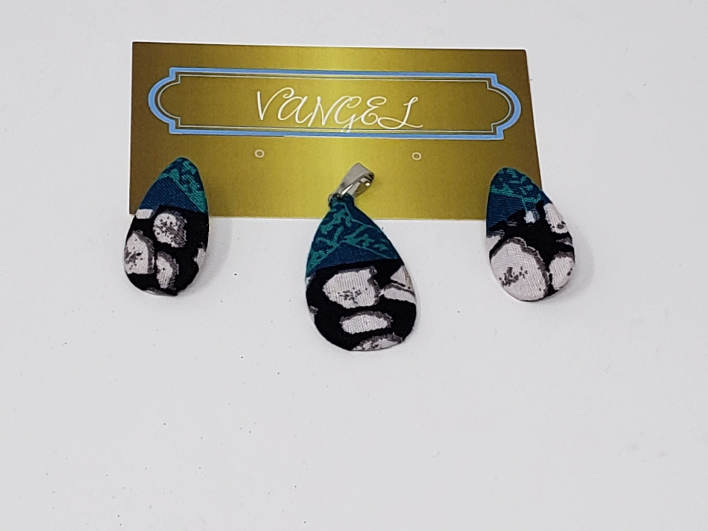 Vangel Teardrop Ankara Earrings and Pendant - Green/Blue