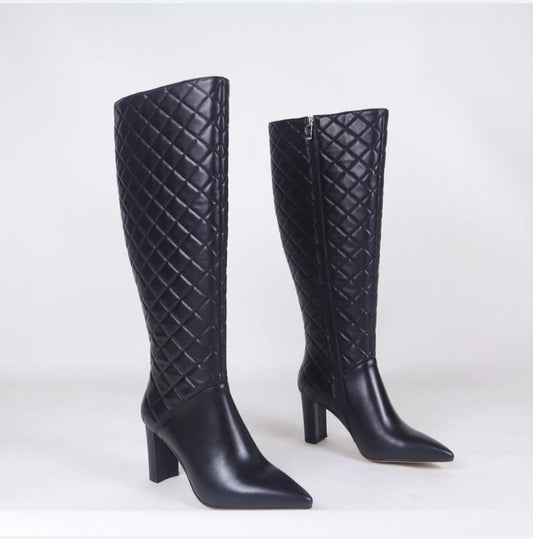 Vangel Leather Quilted Tall Boots -Black