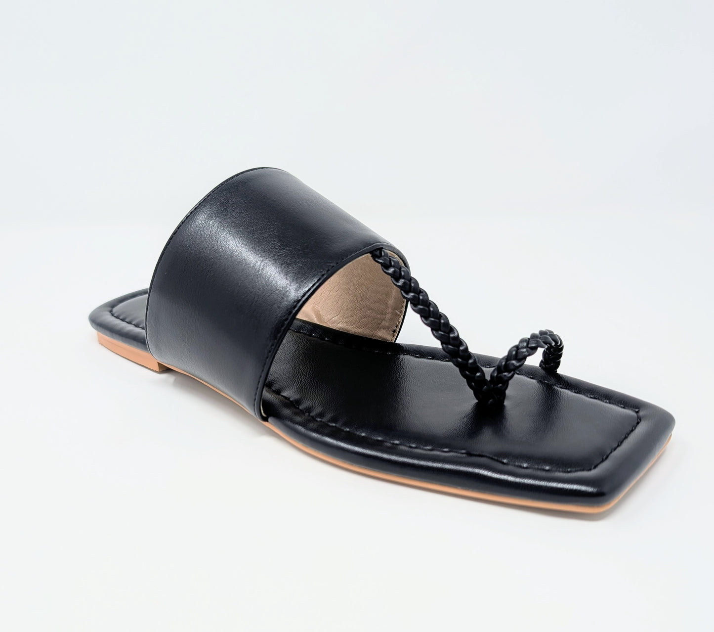 Zaynab Toe Ring T-Strap Flat Mules- Black