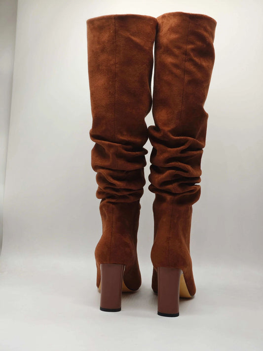 Noella Slouch Knee High Heeled Boots - Brown