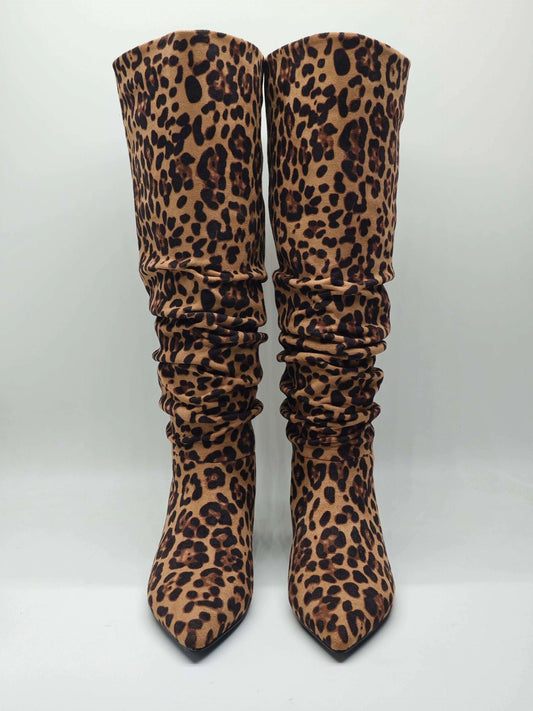 Noella Slouch Knee High Flat Boots - Leopard