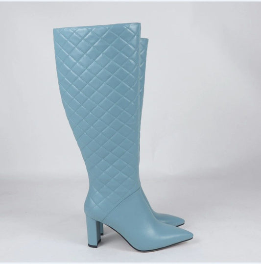 Vangel Leather Quilted Tall Boots -Teal