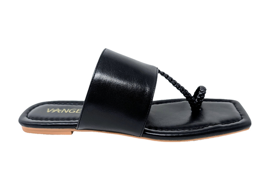 Zaynab Toe Ring T-Strap Flat Mules- Black