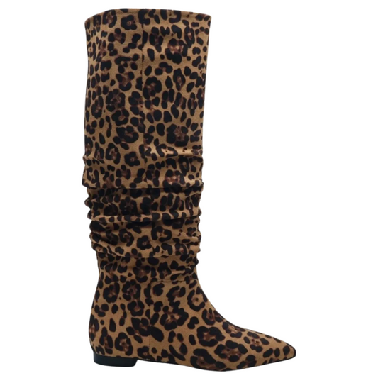 Noella Slouch Knee High Flat Boots - Leopard