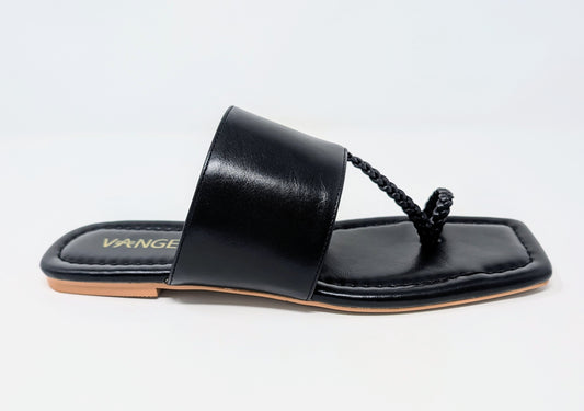 Zaynab Toe Ring T-Strap Flat Mules- Black