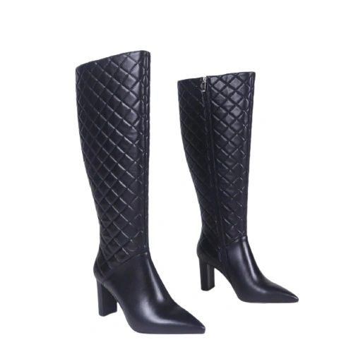 Vangel Leather Quilted Tall Boots -Black